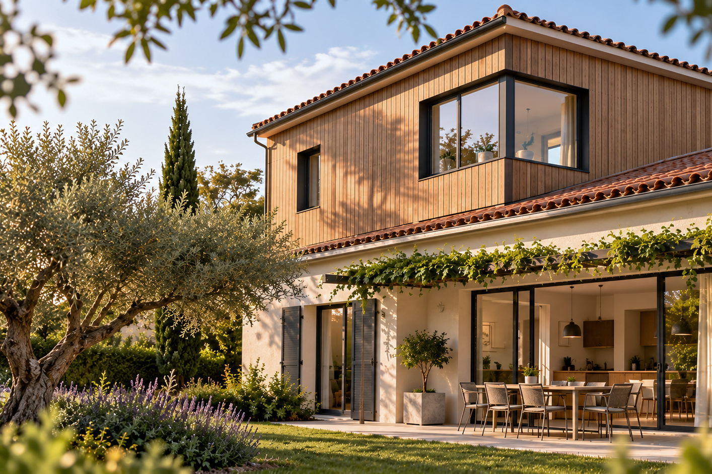 Maison existante agrandie par un volume en étage habillé de bois, ouvert sur le jardin.