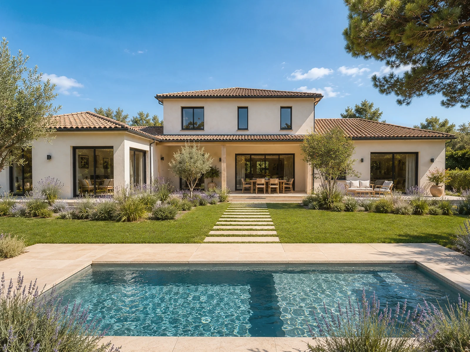 Maison contemporaine aux façades claires, ouverte sur un jardin paysager et une piscine.