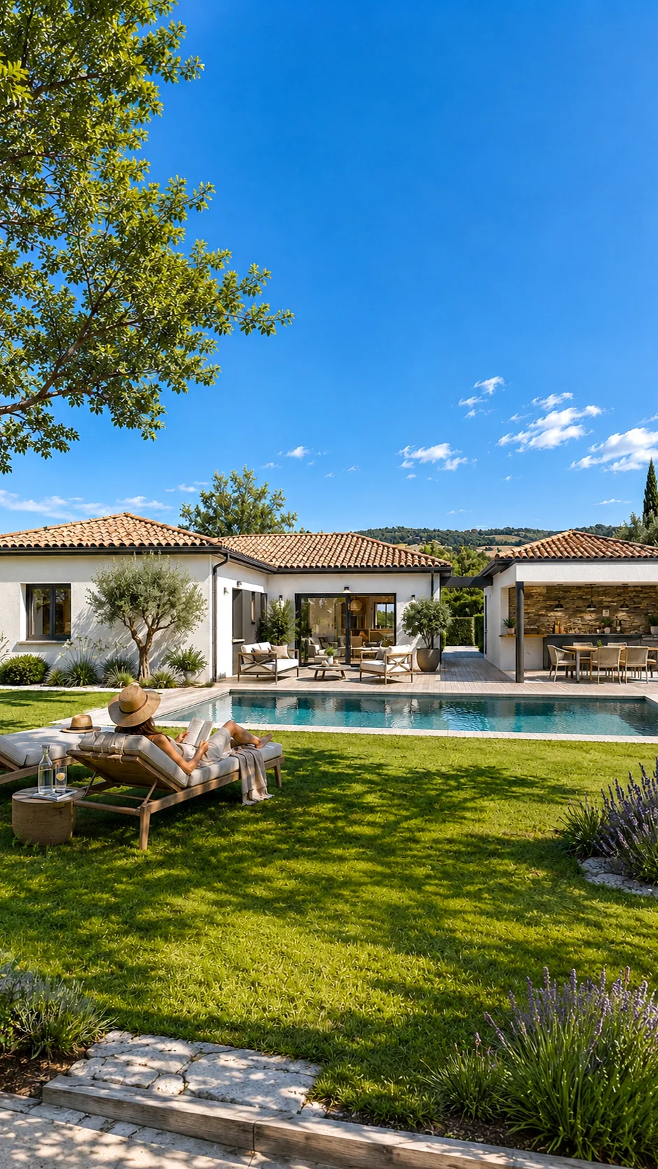 Jardin avec un espace de repos à l’ombre d’un arbre, une piscine et une maison de plain-pied à l’arrière-plan.