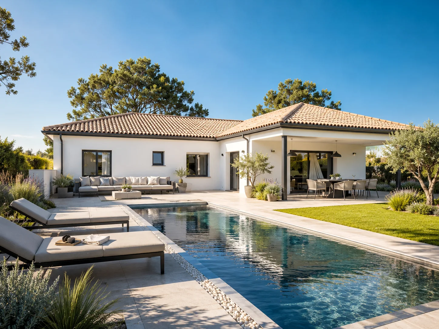 Maison de plain-pied ouverte sur une terrasse couverte, un jardin paysager et une piscine.