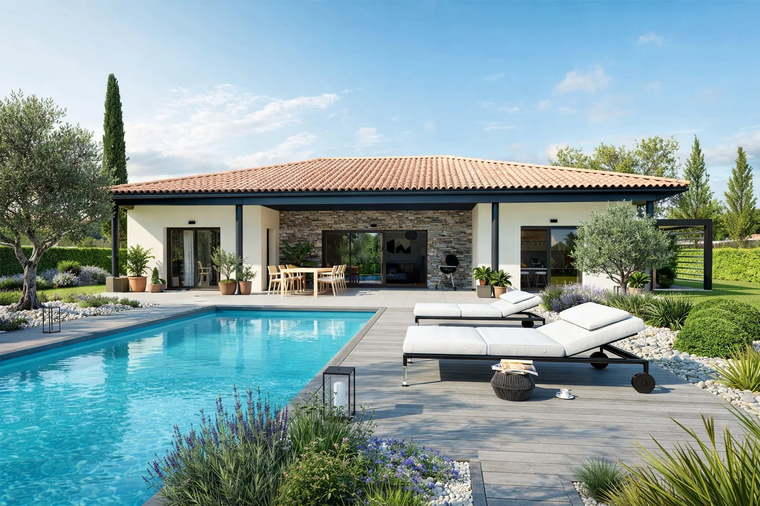Maison de plain-pied largement ouverte sous une terrasse couverte face à une piscine.