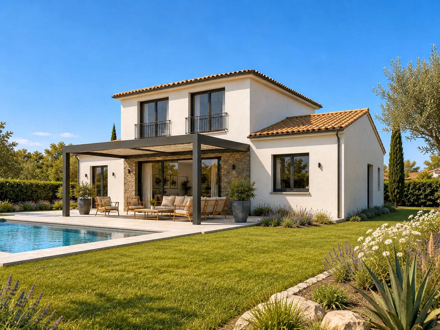Maison à étage avec pergola, baies vitrées et jardin planté.
