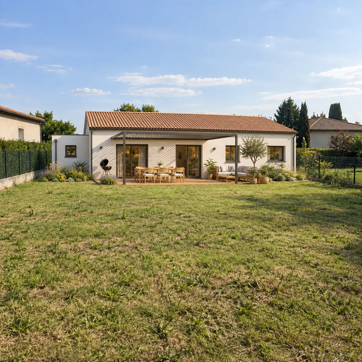 Projection d’une maison de plain-pied avec terrasse sur le terrain.