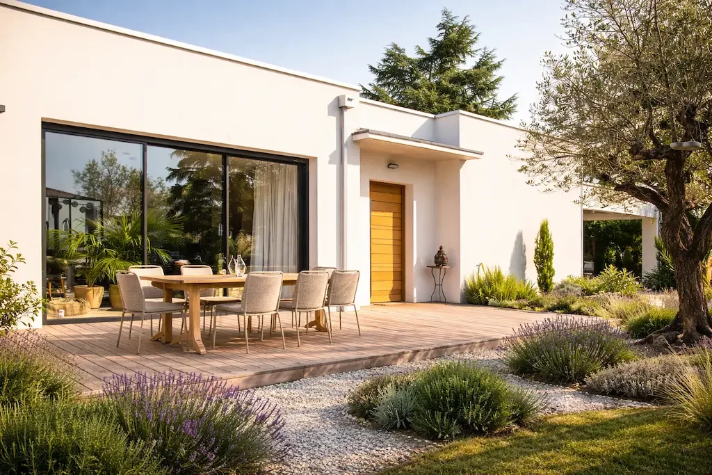 Terrasse en bois devant une maison de plain-pied aux larges baies vitrées.