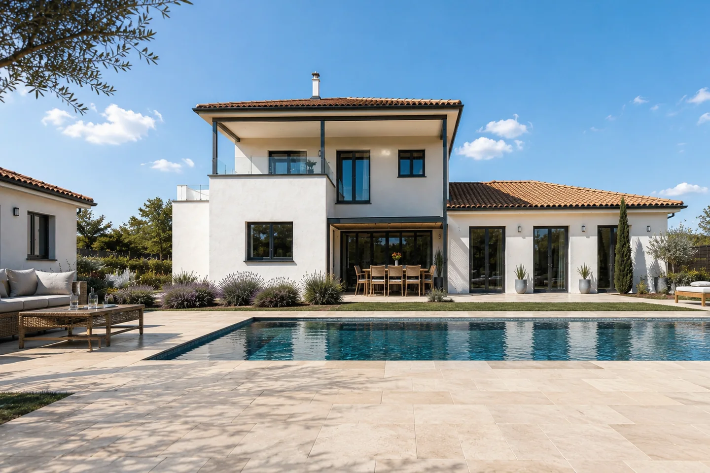 Maison à étage ouverte sur un jardin paysager et une piscine.
