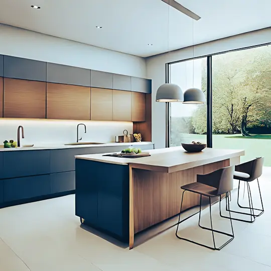 Cuisine design 2023 – Tendances modernes avec CELIA Création Cuisine moderne avec ilot central en bois et finitions mates, baignée de lumière naturelle, illustrant les tendances design 2023 selon CELIA Création.