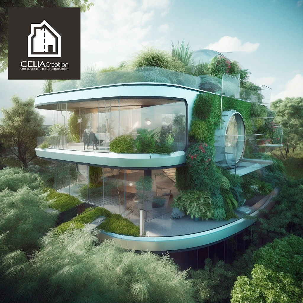 La maison du futur intégrée à la nature - Illustration d'une résidence moderne avec réalité augmentée, intelligence artificielle et une parfaite intégration dans son cadre naturel.