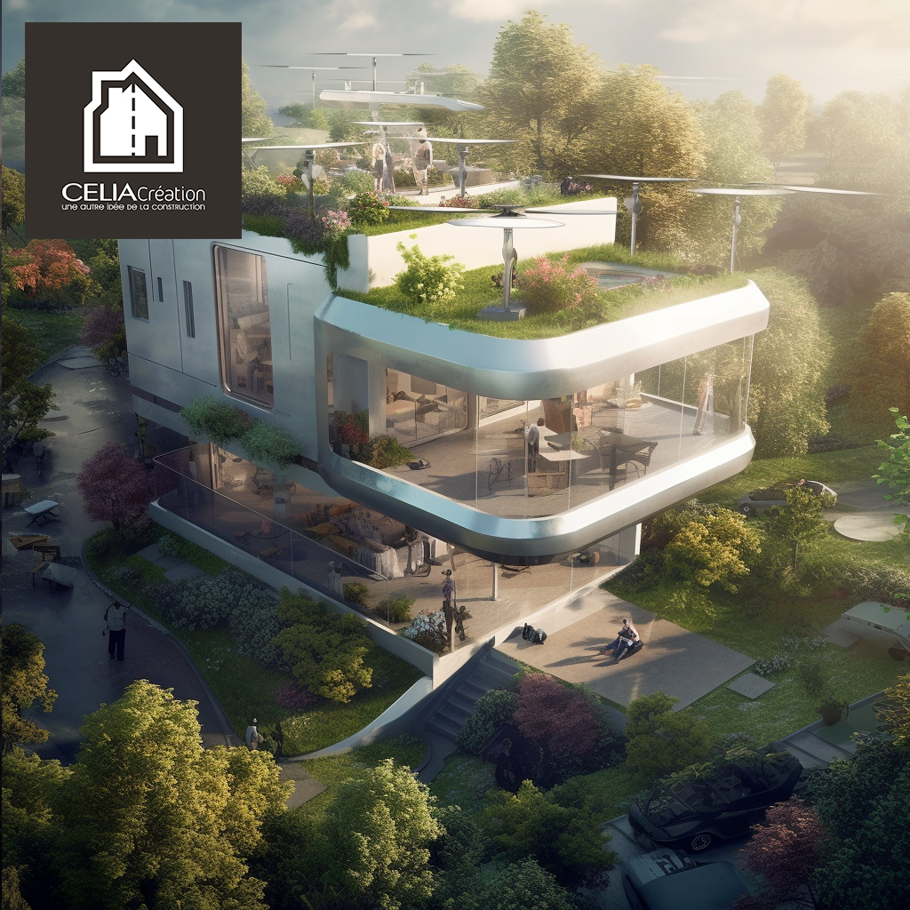 La maison individuelle sur-mesure du futur en 2060 - Illustration d'une résidence personnalisée, intégrant les dernières avancées technologiques et des solutions durables pour une vie moderne.