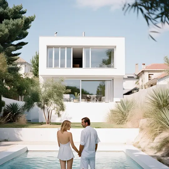 Couple devant une maison contemporaine avec piscine, symbole de transition de vie réussie grâce à CELIA Création dans la région toulousaine après avoir quitté Paris.