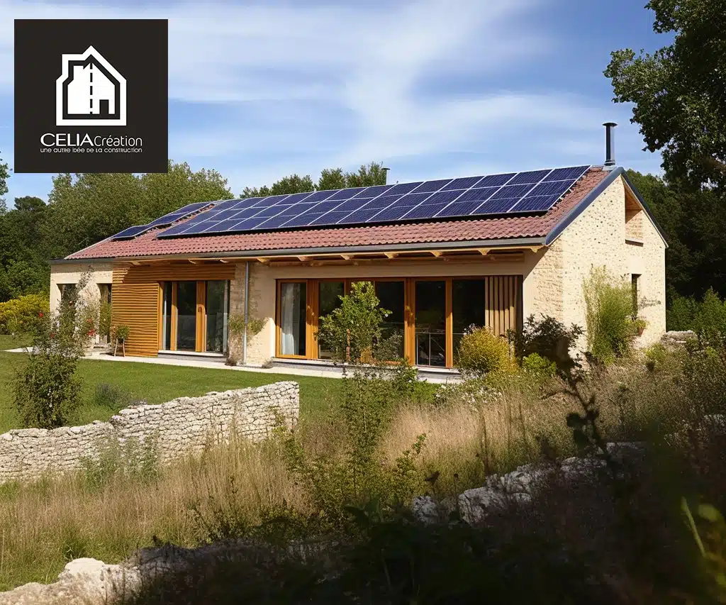 Maison bioclimatique de plain-pied avec panneaux solaires en tuiles, conçue par CELIA Création dans le sud-ouest, en harmonie avec la nature.