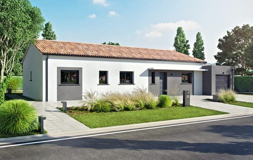 Maison individualisée LAURA avec façade épurée et toit en tuiles, conception écoresponsable et moderne de 120 m² optimisant espace et fonctionnalité.