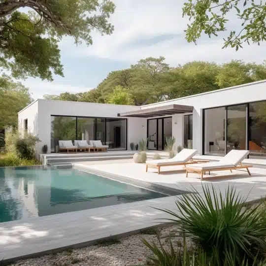 Maison contemporaine plain-pied avec piscine et grandes baies vitrées, réalisée par CELIA Création dans un style sur-mesure et épuré